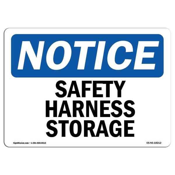 OSHA Notice Sign, Safety Harness Storage, 5in X 3.5in Decal, 10PK, 5